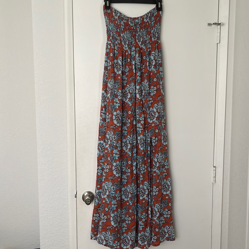 Tiare Hawaii Rust & Turquoise Strapless Maxi Dress with Slit